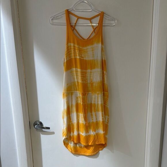 CHASER  Yellow  White Tie Dye Mini crossback  Sleeveless Halter Dress M - Picture 3 of 7